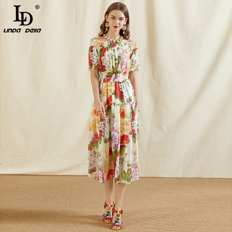 Fashion Runway Summer Dress Women Slash neck Elastic waist Floral print Elegant Holiday Chiffon Midi 210522