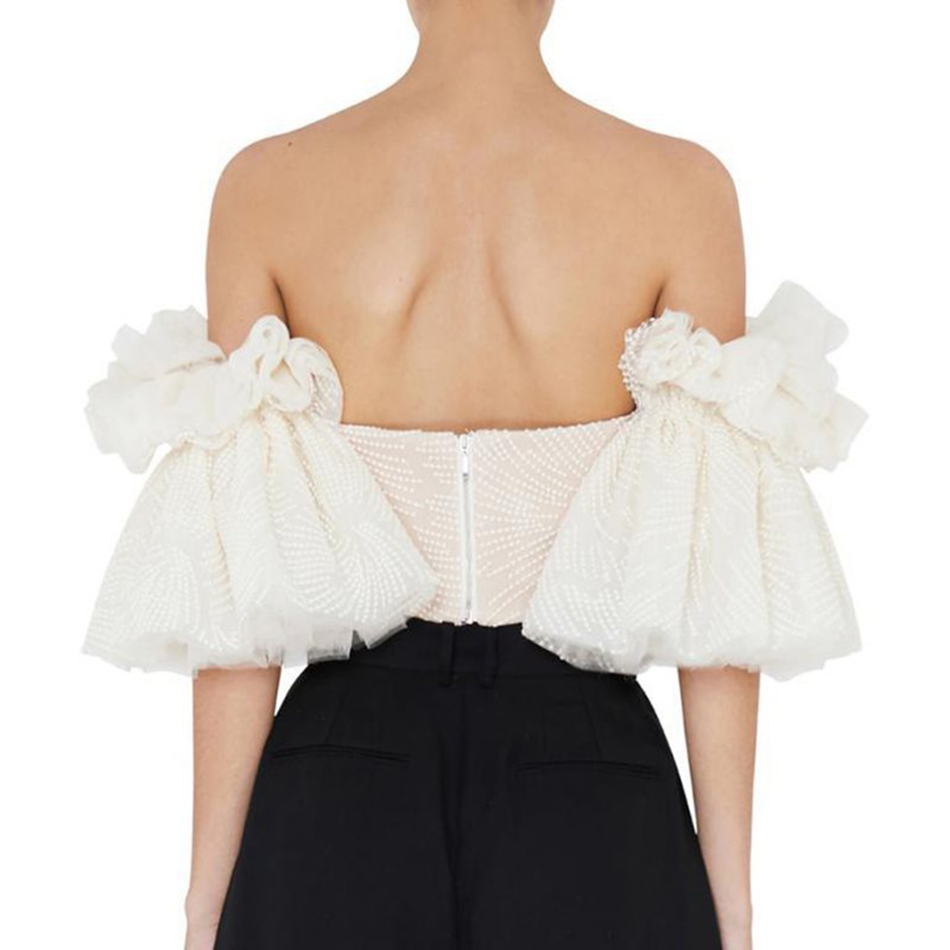 Free Women's Summer Tops Sexy Card Shoulder Ruffle Sleeve Mesh Open Back Short Club Evening Party 210524