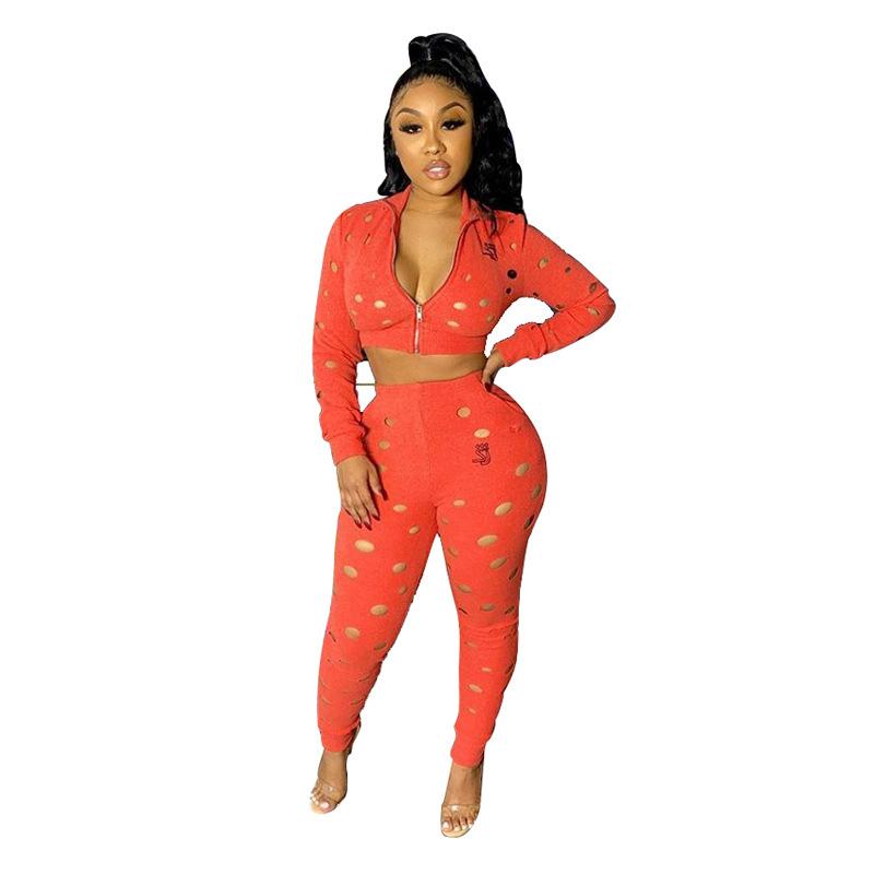 Women Set Summer Tracksuits Long Zipper Front Holes Short Crop Tops And High Waist Skinny Pants 2 Pieces Sporty Outfits Two Piece Dress