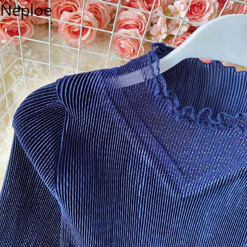 Neploe Maxi Dresses Women Temperament Slim Waist Ruffles Vestidos Stand Neck Big Swing Chic Velvet Elegant Robe Dress 4G996 210422
