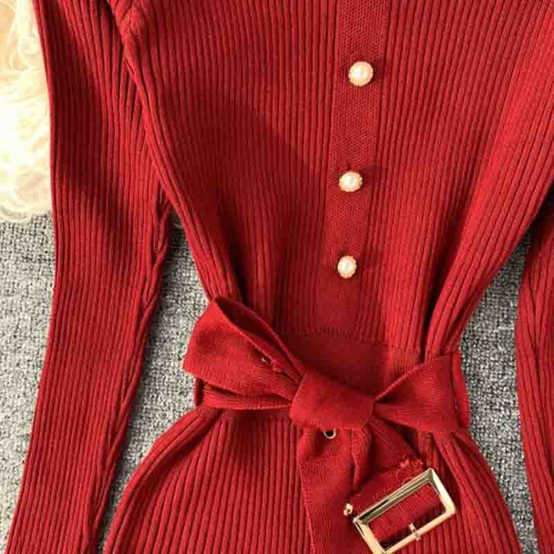 Vintage Slim Button Autumn Winter Knitted Dress Women Casual Long Sleeve Belt Bottoming Sweater Dress Party Bodycon Vestidos 210521