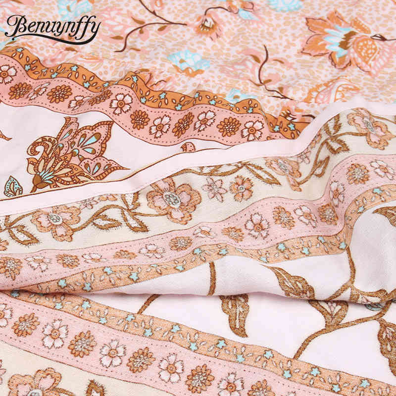 V-neck Button Detail Tie Waist Dresses Women Summer Holiday Boho Short Sleeve Floral Print Split Long Dress 210510