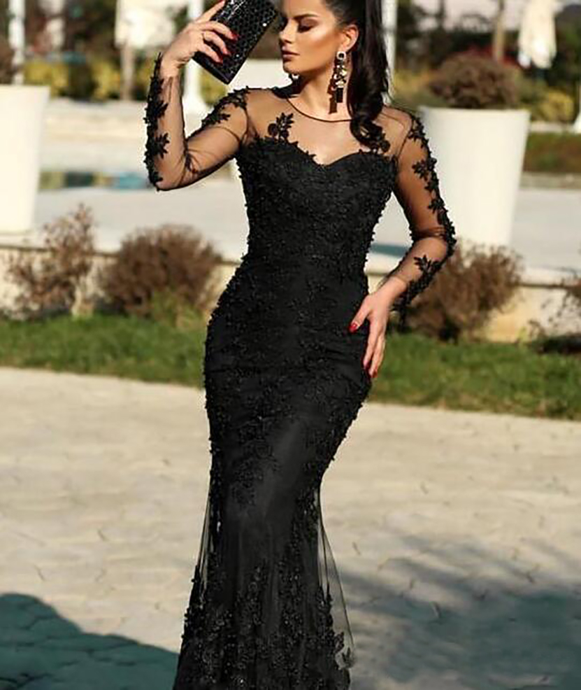 2021 Mermaid Black Lace Evening Dress Illusion Long Sleeve Sheer Neck Floor Length Trumpet Formal Occasion Prom Party Gown Custom Size