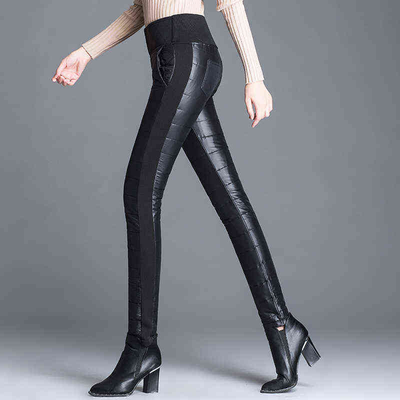 Winter Warm Duck Down Velvet Women's Pants High Waist Solid Skinny Formal Female Elastic Work Trousers Lady 211115
