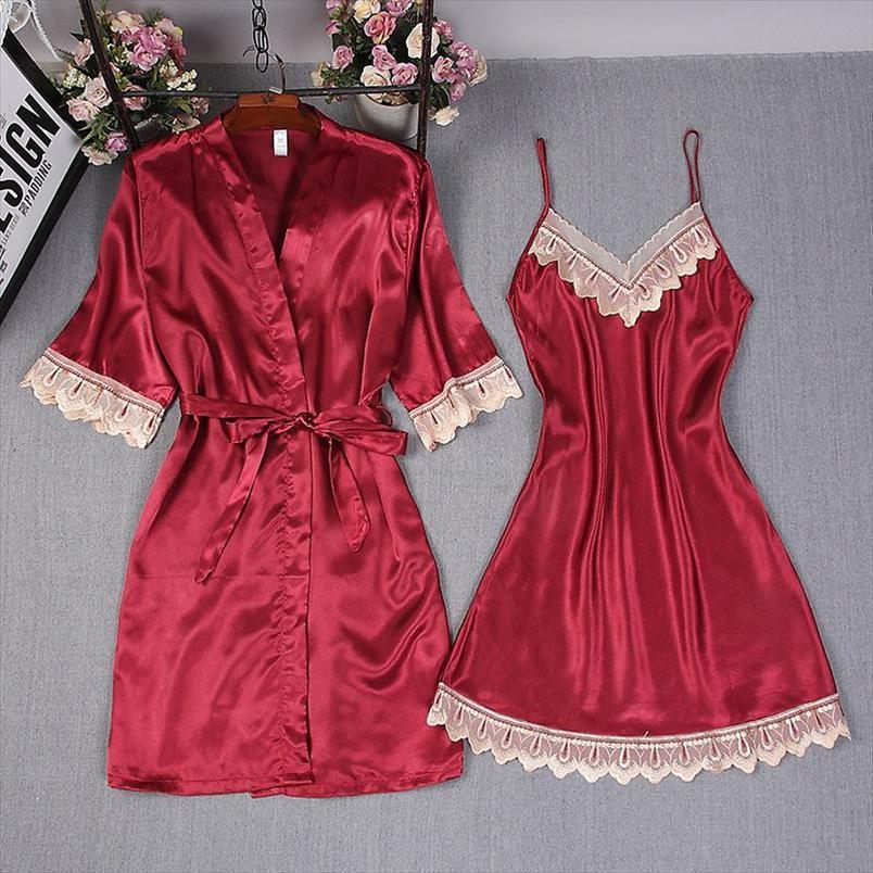 twinset robe suit satin womens sleepwears 2pcs kimono bathrobe gown lace trim casual nightwear set lounge loose home clothing, Black;red
twinset robe suit satin womens sleepwears 2pcs kimono bathrobe gown lace trim casual nightwear set lounge loose home clothing, Black;red