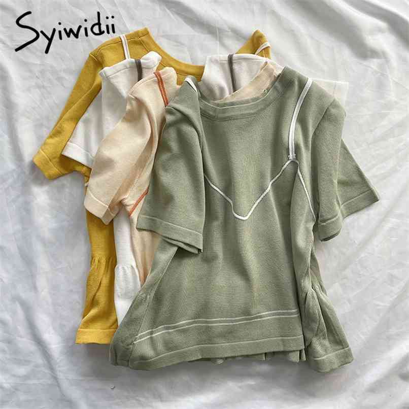 T Shirts For Women Patchwork Fake 2 Pieces Summer Spandex Stretch Knitted White Green Yellow Korean Top Ruffles 210607
T Shirts For Women Patchwork Fake 2 Pieces Summer Spandex Stretch Knitted White Green Yellow Korean Top Ruffles 210607