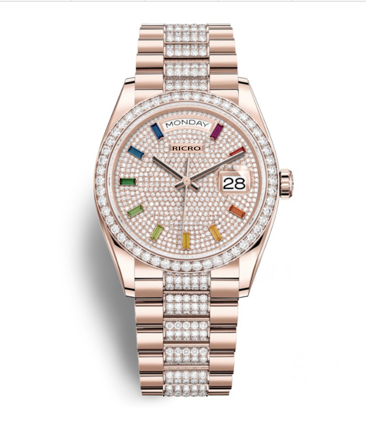 Luxury men's watch, fashion sports style, folding buckle, 36mm, sapphire glass, elegant diamond, double calendar display, rose gold, retail and wholesale, Equipped with waterproof
Luxury men's watch, fashion sports style, folding buckle, 36mm, sapphire glass, elegant diamond, double calendar display, rose gold, retail and wholesale, Equipped with waterproof