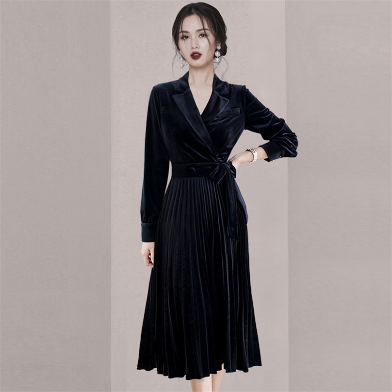 korean waist long sleeve elegant temperament pleated skirt suit collar draw dack thin office party for women dresses 210602, Black
korean waist long sleeve elegant temperament pleated skirt suit collar draw dack thin office party for women dresses 210602, Black