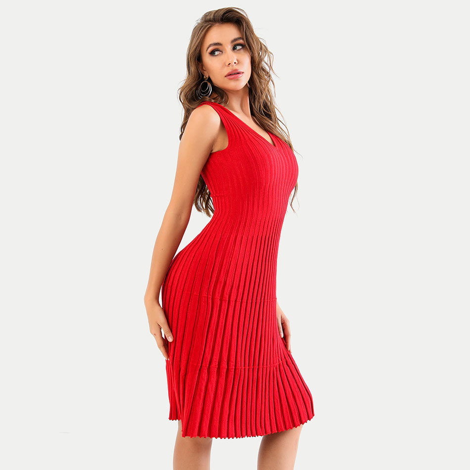 Free Autumn Women's Elegant Knit Dress Red Sexy V-neck Sleeveless A-line Dresses Celebrity Christmas Party 210524