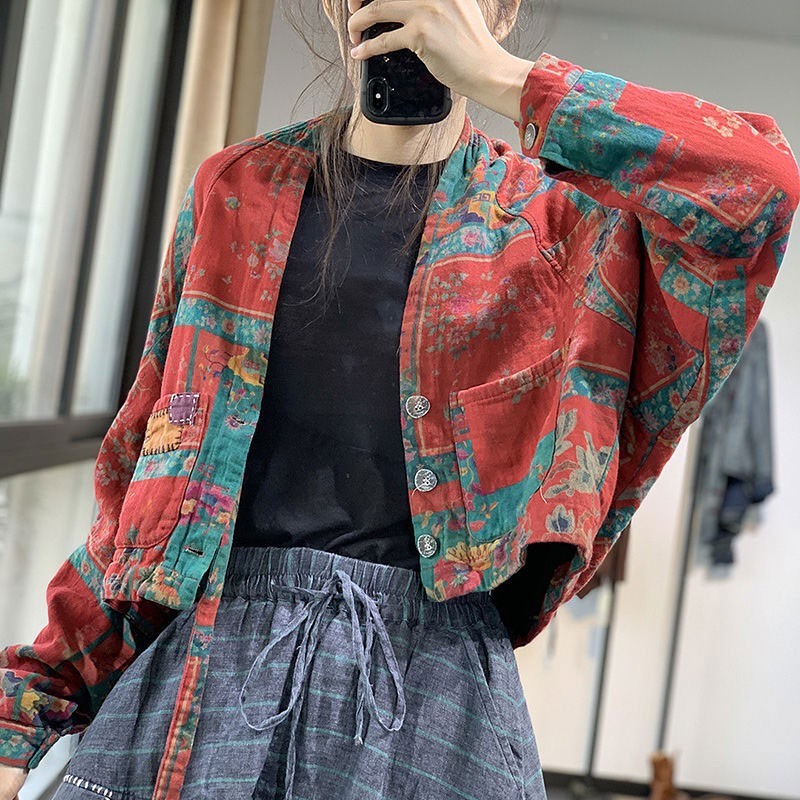 Arrival Spring Autumn Arts Style Women Long Sleeve Loose Short Coat Single Breasted Vintage Print Cotton Jackets Coats V181 210512