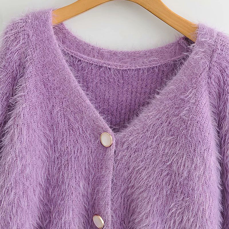 Sexy V-neck Long Sleeve Short Mohair Knit Women's Sweater Korean Style Loose Single Breasted Sweet Chic Female Coat 210507