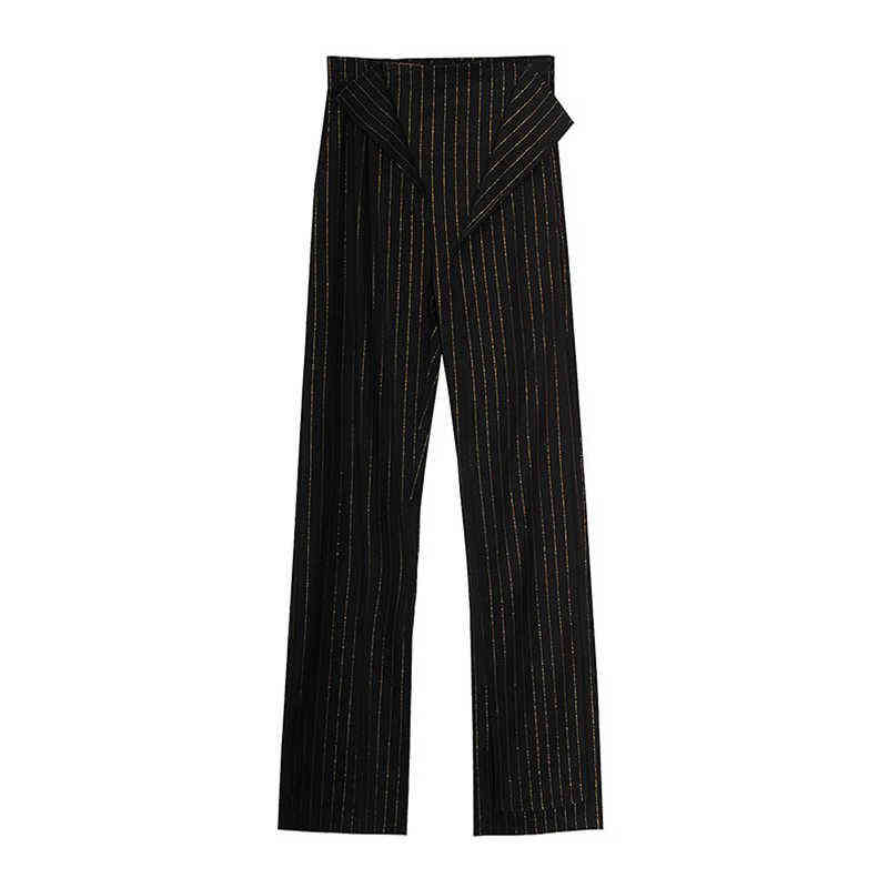 TWOTWINSTYLE Striped Black Casual Straight Pants For Women Korean Fashion High Waist Wide Leg Pant Females Autumn Style 211124