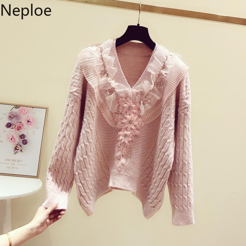 Sweet Knitwear Pullovers Ruffles V-neck Sweaters for Women Heavy Thicken Warm Sueter Lace Patchwork Jumper Winter Clothes 210430