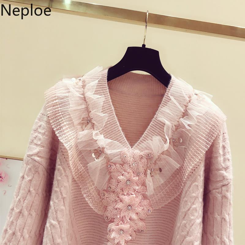 Sweet Knitwear Pullovers Ruffles V-neck Sweaters for Women Heavy Thicken Warm Sueter Lace Patchwork Jumper Winter Clothes 210430