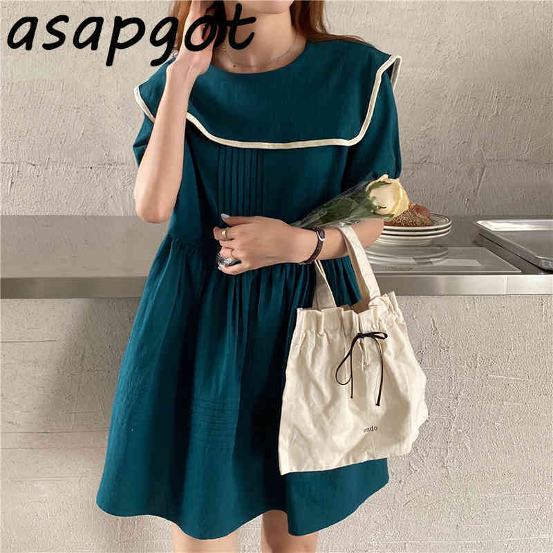 Chic Korean Preppy Style Summer Contrast Color Sailor Collor Dress Mini Student Loose Short Sleeve Doll Retro Vestido 210429