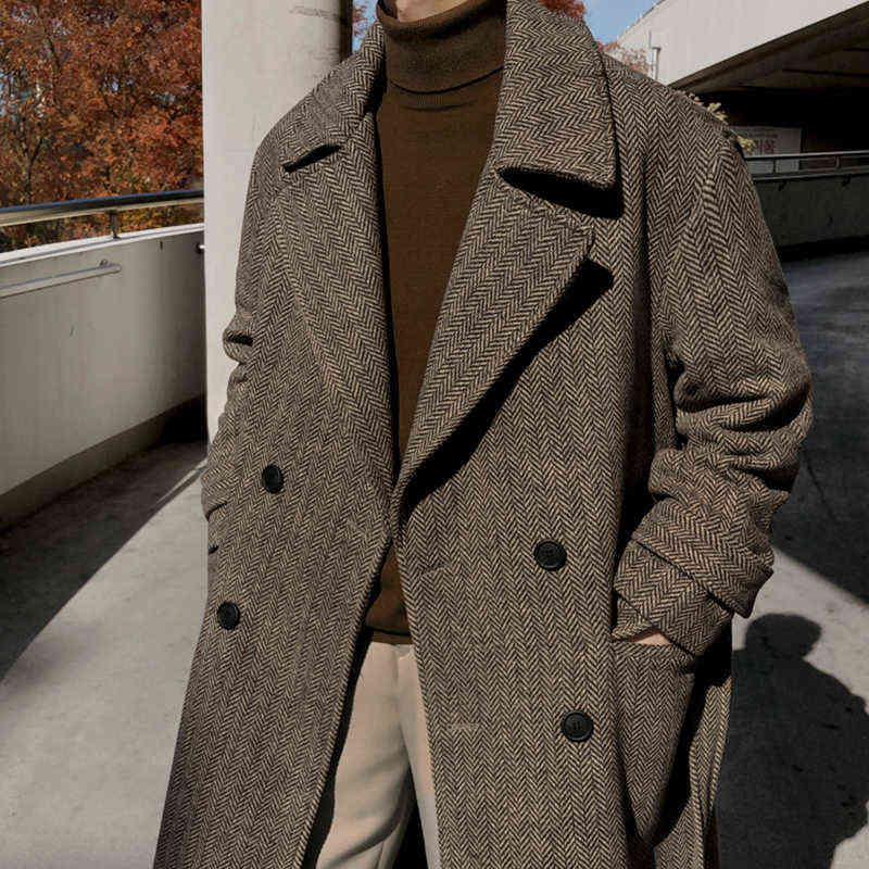 IEFB Mrcyc winter heavy woolen overcoat men's Korean version knee length windbreaker loose herringbone coat fashion 9Y4487 211122