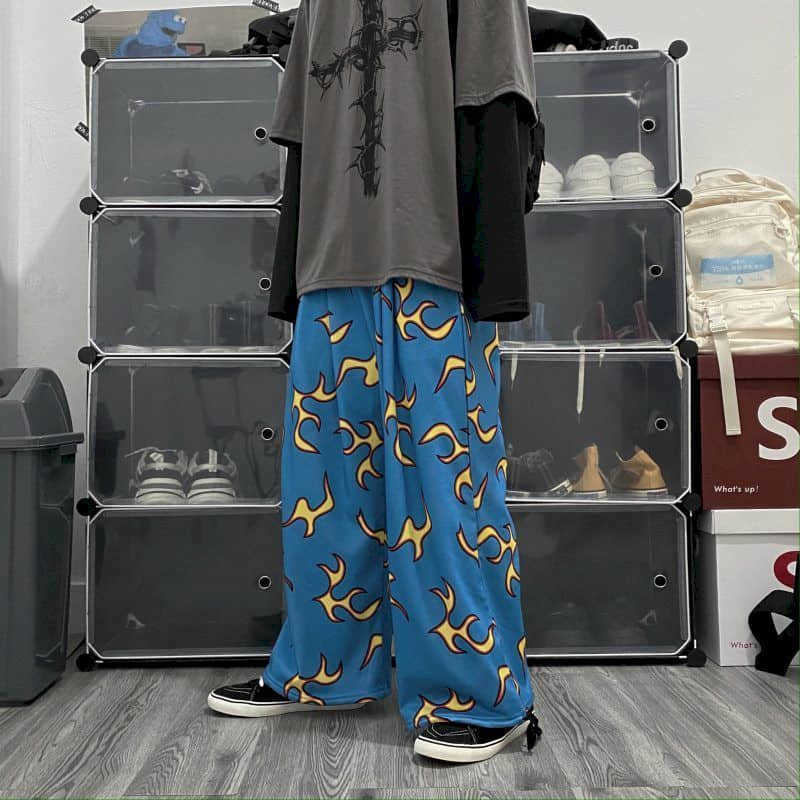Pants Couple Harajuku Blue Flame Leggings Straight Loose High Waist Draping Wide Leg Sports Autumn/Winter 210526