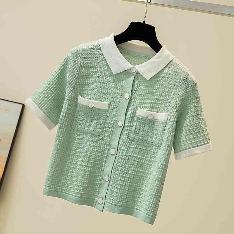 Summer Elegant Thin Knitted T-shirt For Women Turn Down Collar Buttons Pockets Tops Vintage T Shirts Korean Outwear 210514