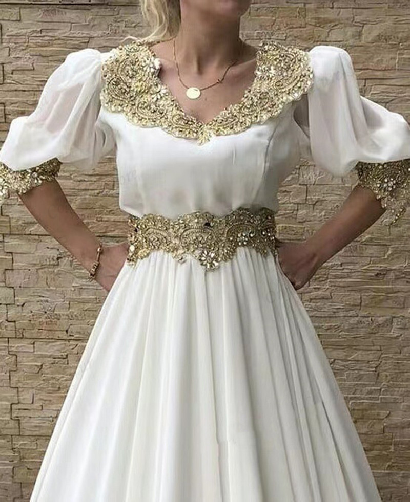 Traditional Kosovo Albanina Prom Dresses Gold lace Applique half sleeve arabic Formal Evening Gowns vestido de fiesta