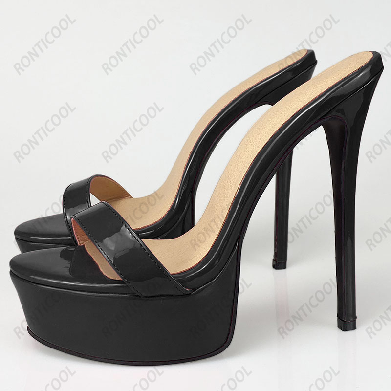 Rontic Handmade Women Platform Mules Sandals Patent Stiletto High Heels Open Toe Pretty Fuchsia Red White Shoes US Size 5-20