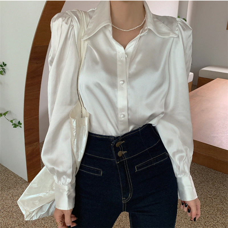 Beige Satin Puff Sleeves Chic Solid Office Lady Women Blouses OL Elegant Shirt Loose Tops Female 210421