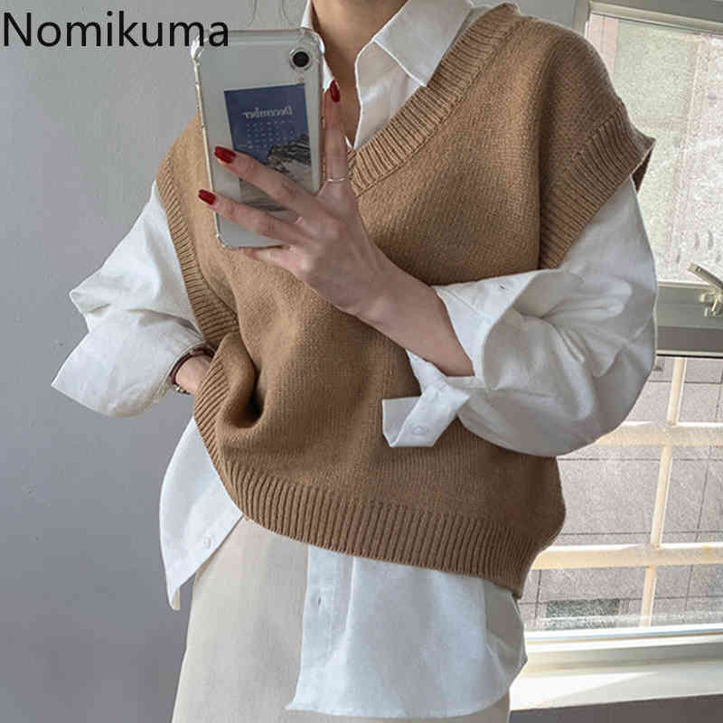 Nomikuma Korean Causal Women 2piece Sets V-neck Sleeveless Knitted Loose Vest + Long Sleeve Solid Blouses New Suits 6D978 210427