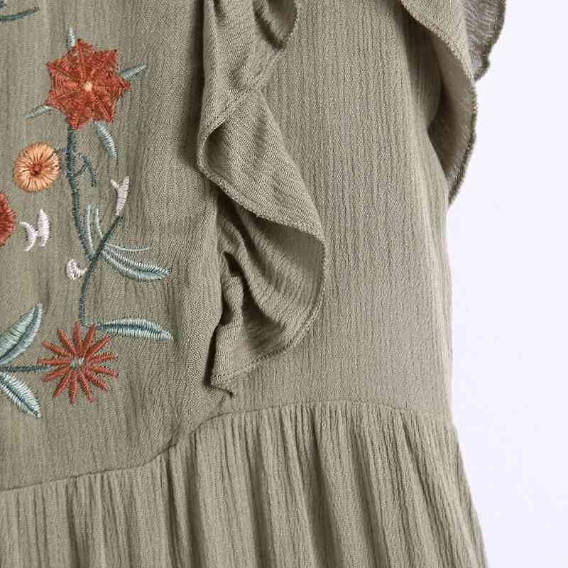 Summer Women Flower Embroidery Butterfly Sleeve Midi Dress Female Ruffle Splicing Clothes Casual Lady Loose Vestido D7682 210430
