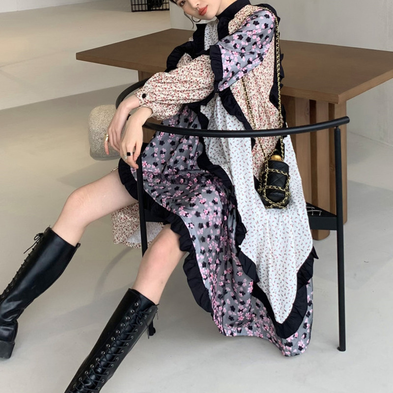 LANMREM New Spring Autumn Dress Women Long Sleeve Plus Size Patchwork Printed Flower Dresses Ladies Party Clothes 2A3301 210409