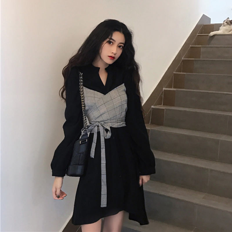 Elegant Casual Mini Dress Women V-Neck Long Sleeve Vintage Plaid Midi Dress Office Lady Chic Dress Korean Autumn 210521