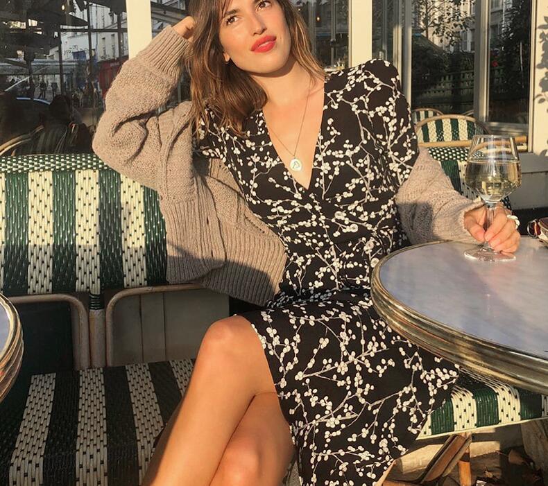 Summer French V neck Front Slit Floral Print Wrap Dress Holiday Woman Lace up Side buttons Waist Short Sleeve Midi Tea Dresses 210429
