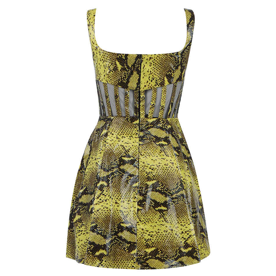 Summer Women'S Sleeveless Snake Print Green Pleated Tight Dress Sexy Hollow Lace Star Club Party 210525