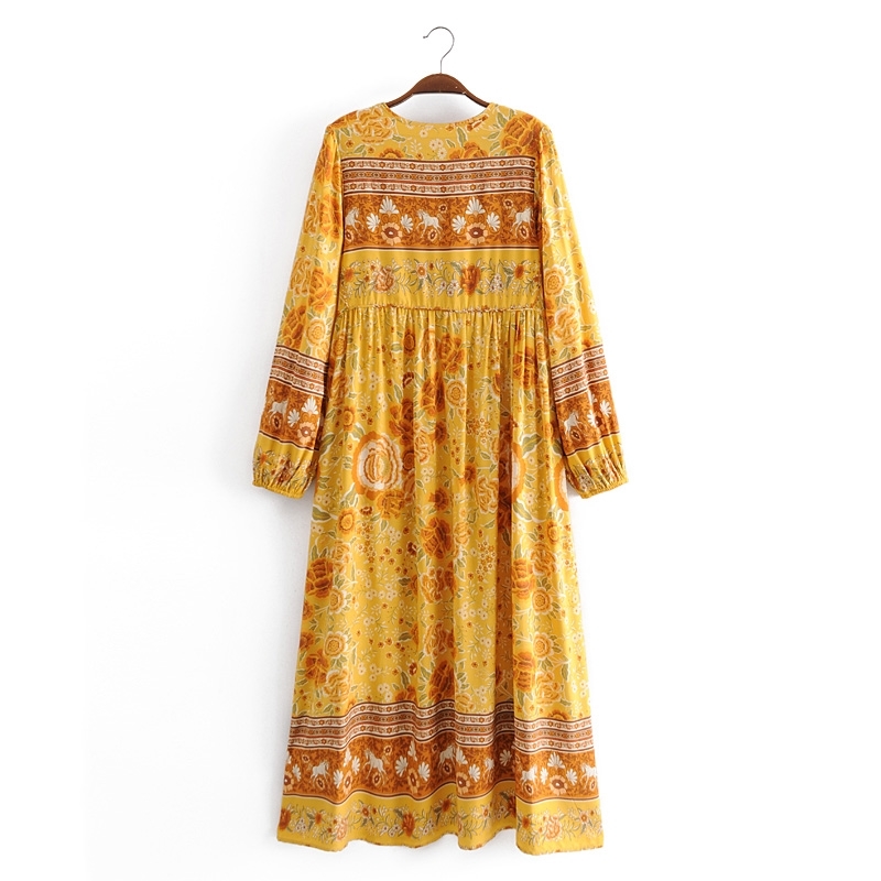 Bohemia Bandage Lacing up Collar Contrast color Flower Print Dress Ethnic Woman Long Sleeve Maxi Holiday Dresses Beach Gold 210429