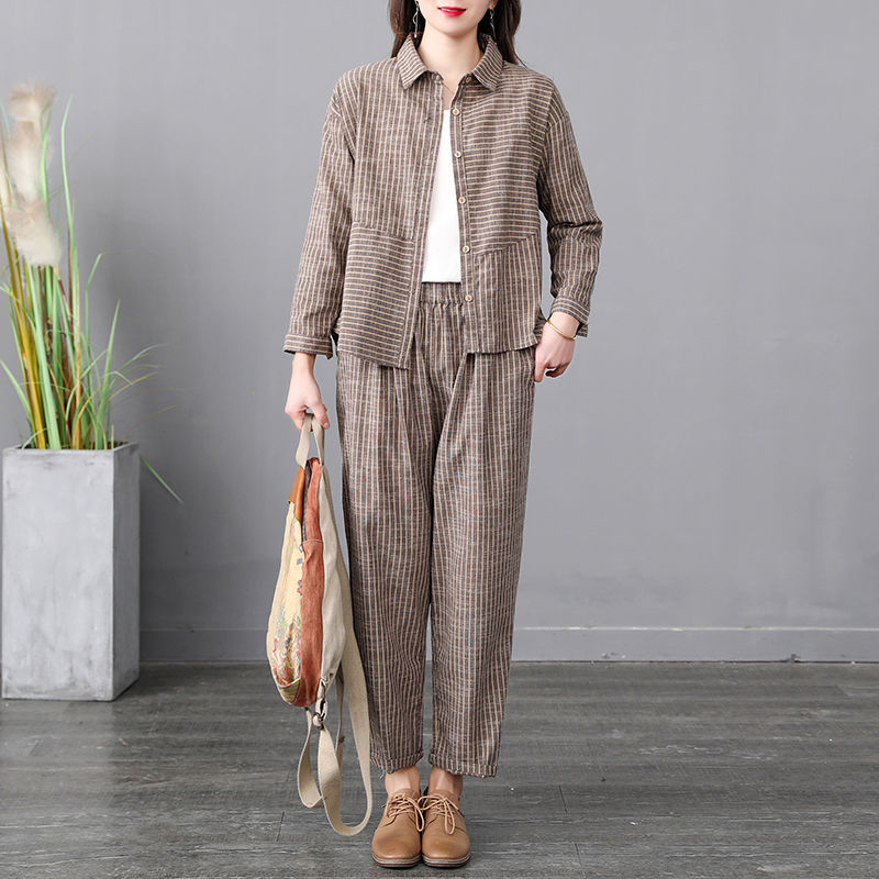 Arrival Spring Korea Fashion Women Long Sleeve Shirt Elastic Waist Loose Pant Suit Cotton Linen Stripe 2 Peice Set S647 210512