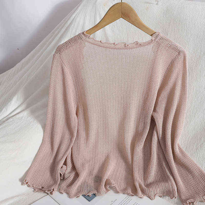 Summer wild casual knitted small cardigan for womens top jacket Korean Ruffles V-neck blouse cardigans hollow knit sweater women 211117