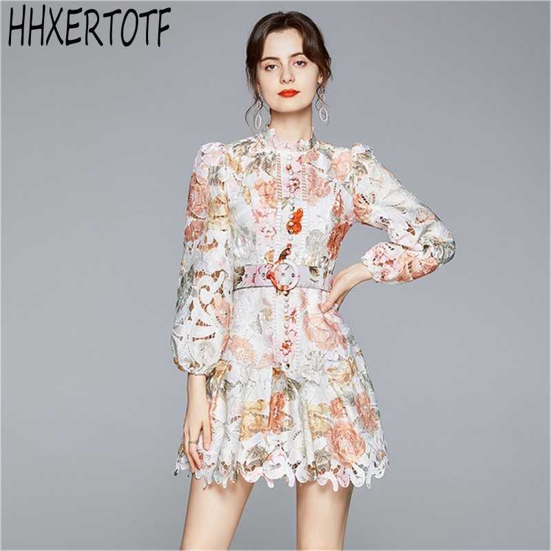 autumn fashion Designer Single-Breasted Lantern Sleeve Women Printed embroidery lace cutout puff sleeve mini dress 210531