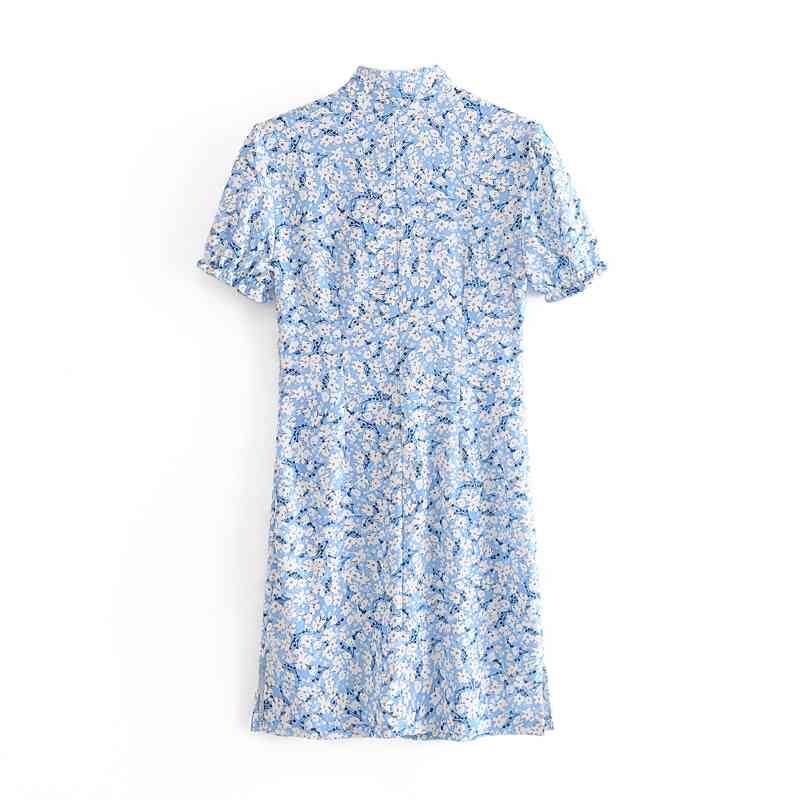 Chinese Style Elegant Pearl Buttons Blue Floral Print Dress Short Sleeve Side Slit Woman Cheongsam Dresses Summer 210429