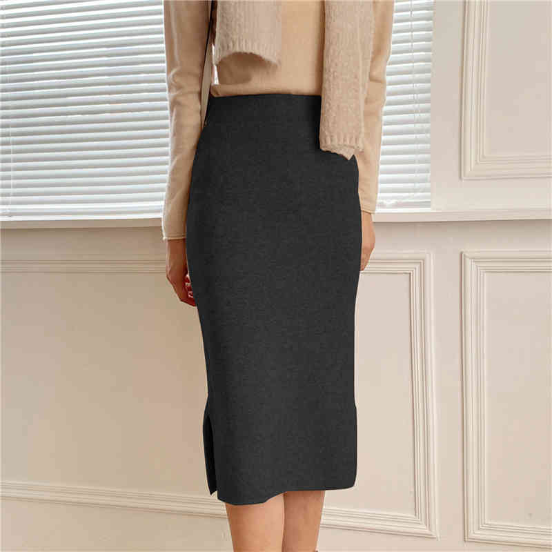 Autumn Winter High Waist Vintage Pencil Knitted Skirt Female OL Elegant Solid Split Package Hip Long Skirts Womens 210421