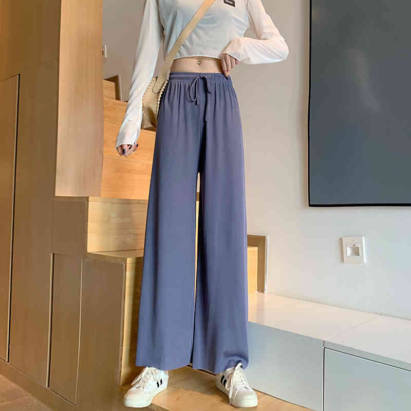 Pants & Capris Solid Thin Loose Elastic High Waist Pink Wide Leg Pant Drawstring Casual Chic Korean Wild Women Clothing Bottom 210429
