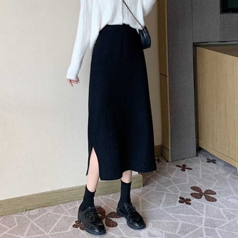 Autumn and Winter Korean Long Back Slit Skirt Hip Skirts All-match High Waist Slimming Black Knitted Skirt Women Plus Size 211119