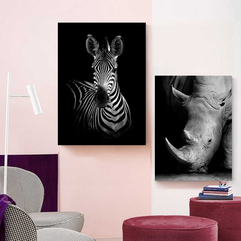 Elephant Zebra Lion Giraffe Rhino Black White Animal Canvas Painting Art Print Poster Picture Wall Nordic Decoration