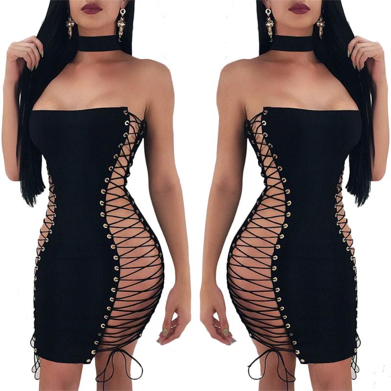 Ls6088 Sexy Double Side Lace Up Dress Two Piece