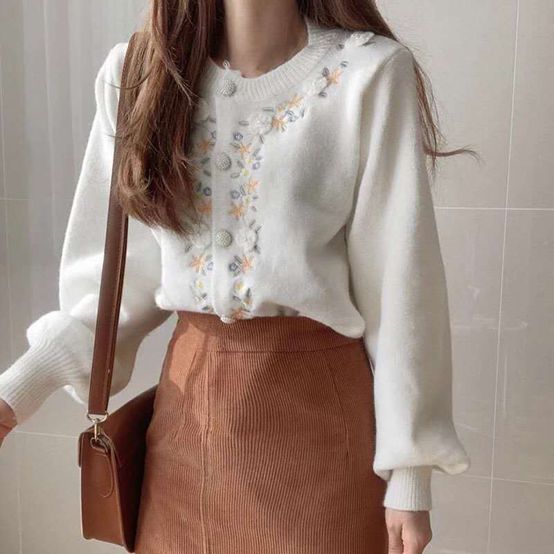 Comelsexy Fall And Winter Arrivals Pearl Button Embroidered Flower Knit Cardigan Long Sleeved Sweet Girl Sweater Tops 210515