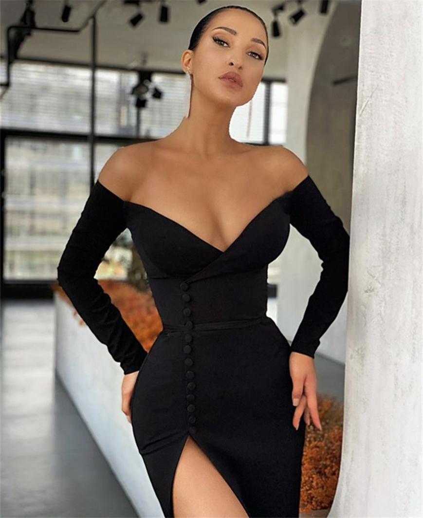 Prom Dresses Black Long Sleeves V-Neck Spandex Satin Side Slit Mermaid Prom Dresses With Zipper vestidos de fiesta de noche
