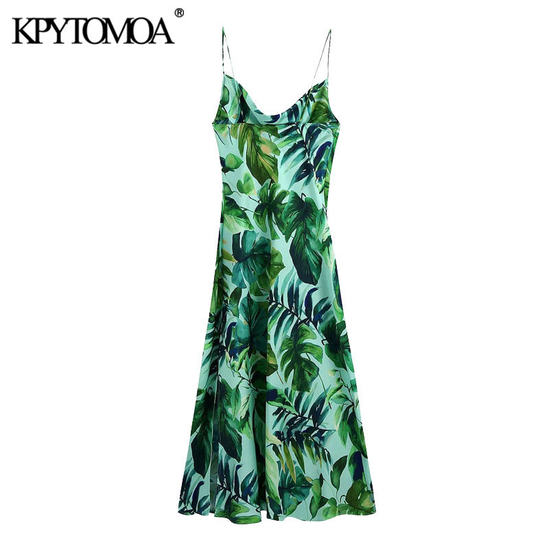 Women Chic Fashion Tropical Print Midi Camisole Dress Backless Side Vents Thin Straps Female Dresses Mujer 210420