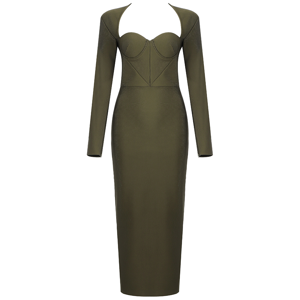 High Quality Women's Army Green Sexy Tight V-neck Long Sleeve Shoulder Rayon Bandage Celebrity Party Dress 210525