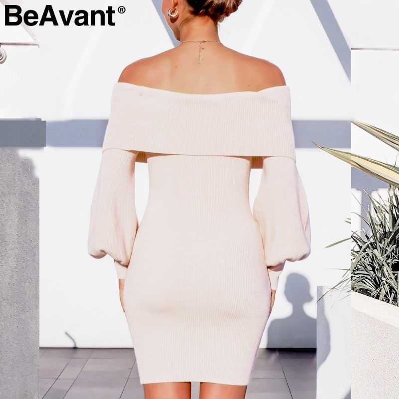 BeAvant Elegant off shoulder women dress Sheath puff sleeve female knitted party dress Solid autumn ladies chic office vestidos 210709