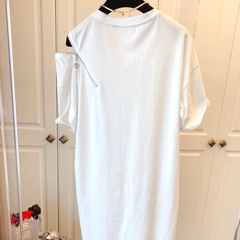 Women Dress Korean Zipper Chain Sexy Strapless Short Sleeve Dresses Summer Causal O-neck Vestidos Mujer 6J519 210603