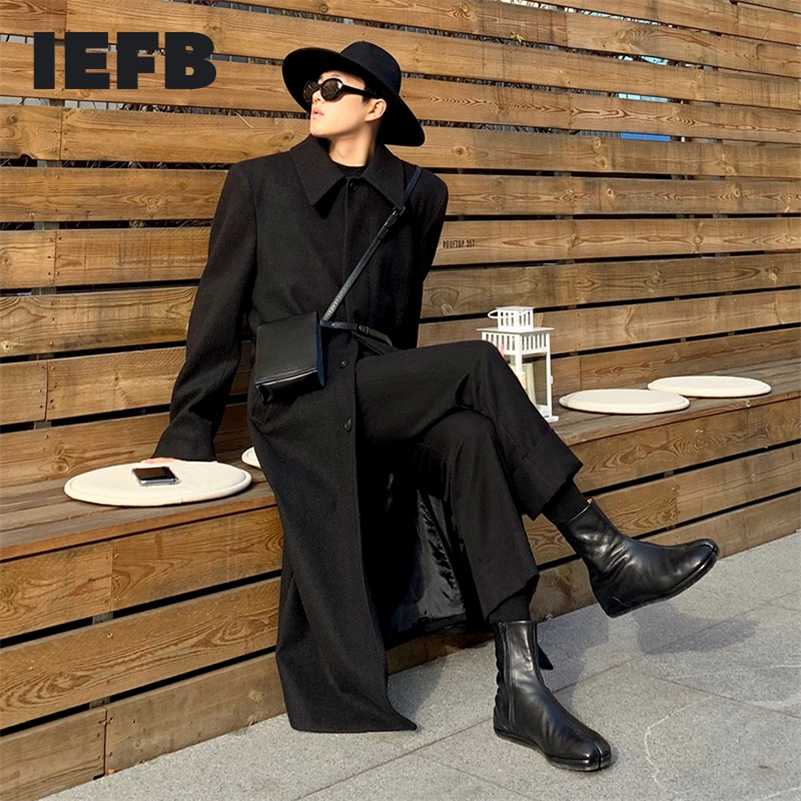 IEFB Black Single Button Thrn Down Collar Woolen Coat Autumn Winter Men's Medium Length Thick Korean Trendy Coat 9Y5236 211122