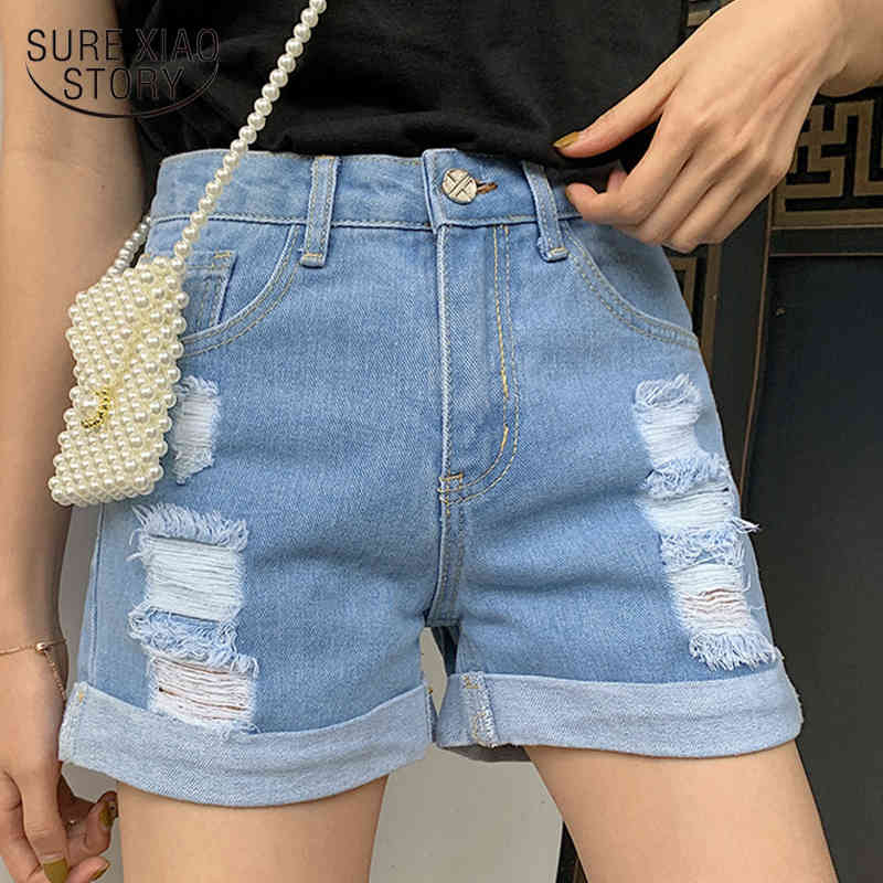 Summer Blue Vintage Casual Short Jeans Ladies High-Waist Crimping Denim Shorts Korean Hole Wild Pants Women 9354 50 210415
