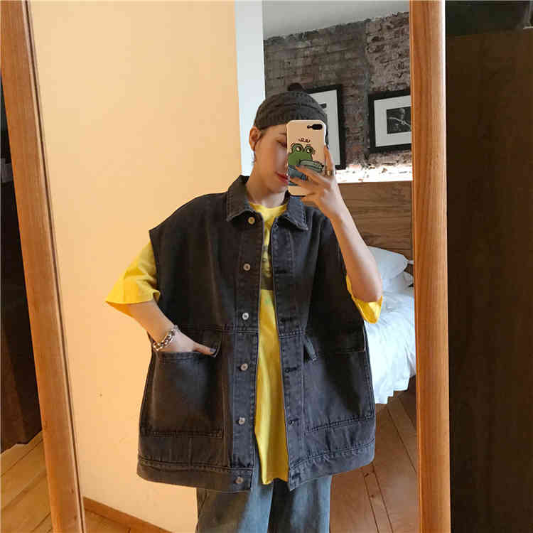 2 colors Waistcoats Women Vests Female Spring Summer korean Womens Loose Sleeveless denim jackets with big pockets (78131 210423